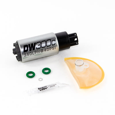 DeatschWerks 340lph DW300C Compact Fuel Pump w/ 06-11 Civic Set Up Kit displayed with components for high performance cars