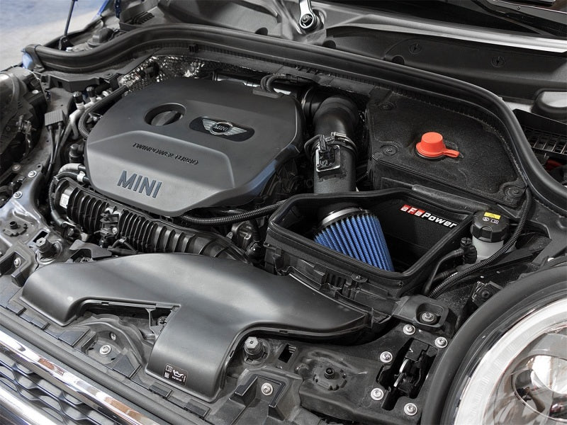 aFe Power Magnum Force Stage-2 Pro 5R Cold Air Intake System installed in Mini Cooper engine bay, performance car tuning