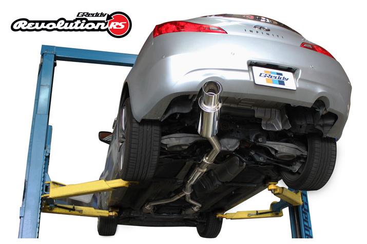 GReddy 07-14 Infiniti G37 Single Revolution RS Exhaust on car lift, high performance exhaust system from DTX Performance.