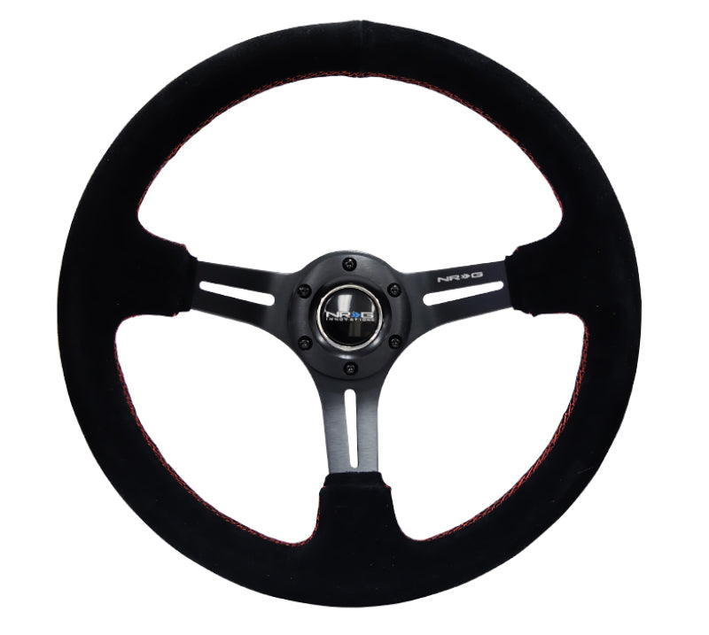 NRG Reinforced Steering Wheel (350mm / 3in. Deep) Blk Suede w/Red Stitching & 5mm Spokes w/Slits for performance car parts by DTX Performance