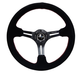 NRG Reinforced Steering Wheel (350mm / 3in. Deep) Blk Suede w/Red Stitching & 5mm Spokes w/Slits for performance car parts by DTX Performance