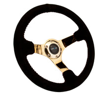 Load image into Gallery viewer, NRG Reinforced Steering Wheel (350mm / 3in. Deep) Blk Suede w/Red BBall Stitch &amp; Chrome Gold 3-Spoke, performance car parts - DTX Performance