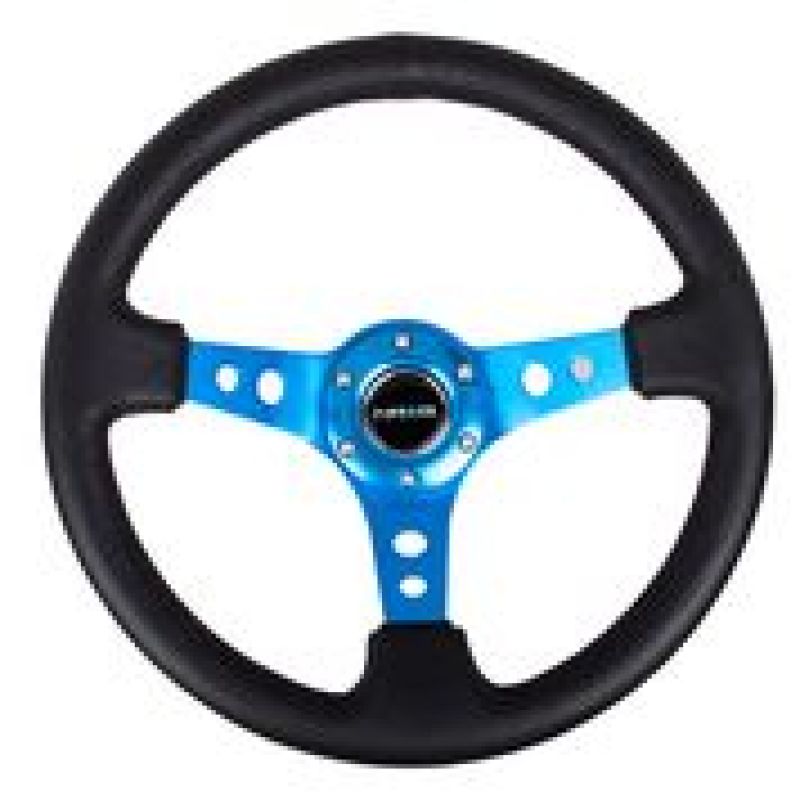 NRG Reinforced Steering Wheel (350mm / 3in. Deep) Blk Leather w/Blue Circle Cutout Spokes by DTX Performance, high performance auto parts