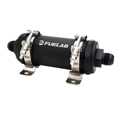 Fuelab PRO Series In-Line Fuel Filter (10gpm) -12AN In/-12AN Out 100 Micron Stainless - Matte Black, for high performance tuning.