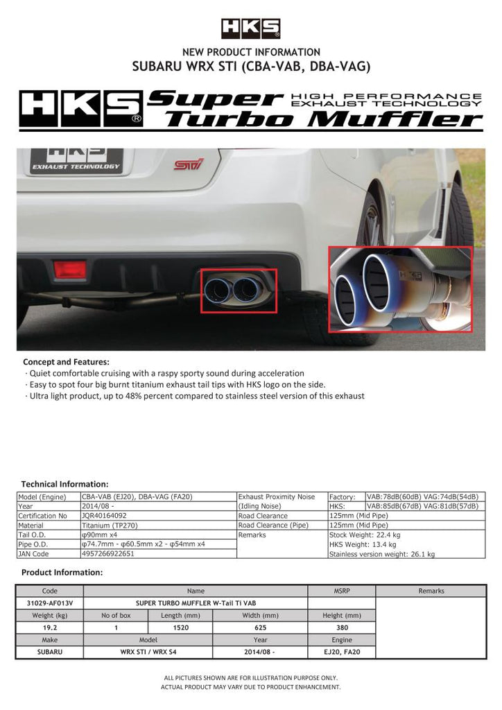 HKS SUPER TURBO MUFFLER  Ti Subaru VAB WRX STI/VAG WRX S4 - DTX Performance