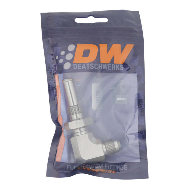 DeatschWerks 6AN Male Flare to 90-Degree 3/8in Single Hose Barb - Anodized DW Titanium - DTX Performance