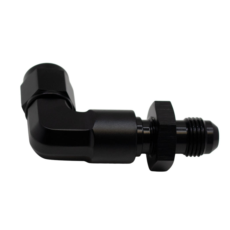 DeatschWerks 6AN Female Flare Swivel to 6AN Male Flare 90-Degree Bulkhead - Anodized Matte Black - DTX Performance