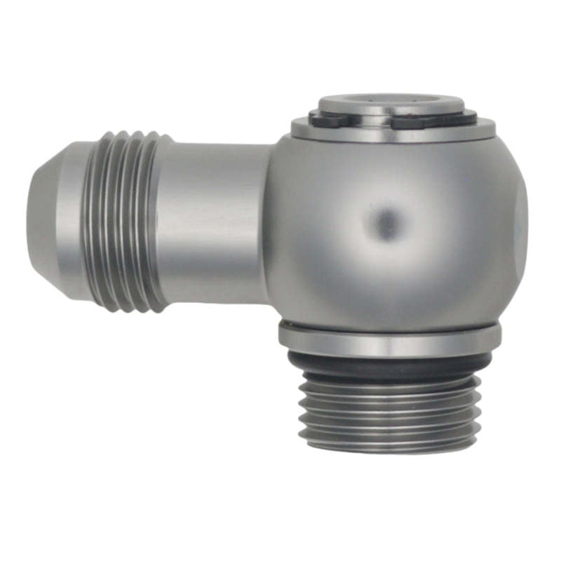 DeatschWerks 8AN ORB Male to 8AN Male Flare Low Profile 90-Degree Swivel - Anodized DW Titanium - DTX Performance