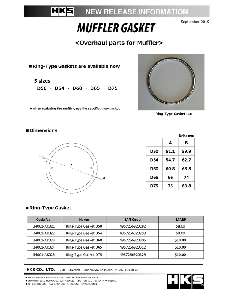 HKS Muffler Gasket 51.1mm ID 59.9mm OD - DTX Performance