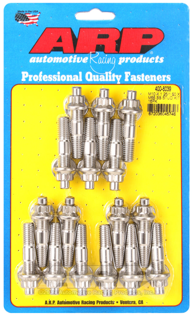 ARP M10 x 1.25/1.50 x 55mm Stainless Steel Broached Stud Kit - 16 Pieces - DTX Performance