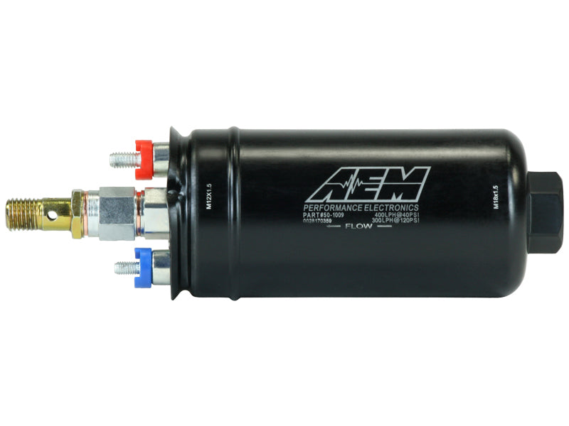 AEM 400LPH High Pressure Inline Fuel Pump - M18x1.5 Female Inlet to M12x1.5 Male Outlet - DTX Performance