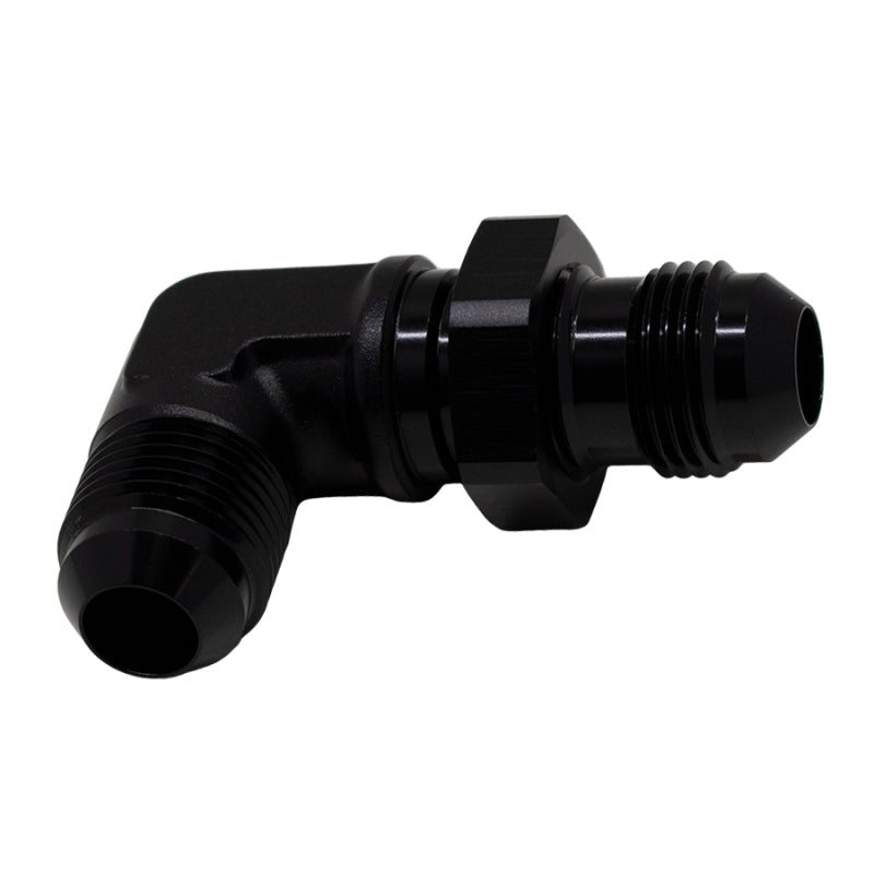 DeatschWerks 8AN Male Flare to 8AN Male Flare Bulkhead Adapter 90-Degree - Anodized Matte Black - DTX Performance