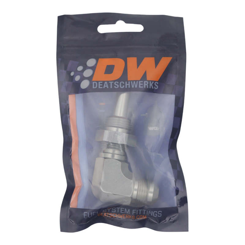 DeatschWerks 8AN Male Flare to 90-Degree 3/8in Single Hose Barb - Anodized DW Titanium - DTX Performance