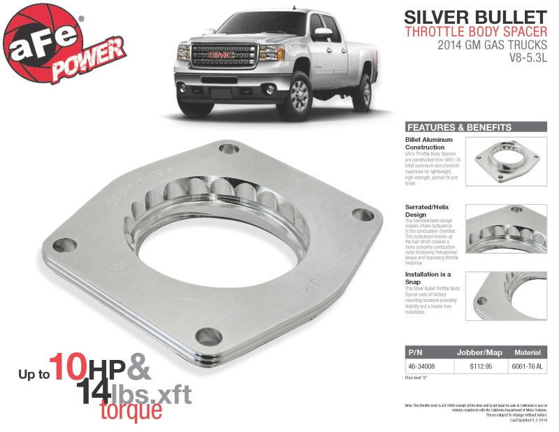 aFe Silver Bullet Throttle Body Spacers TBS 2014 GM Silverado/Sierra 1500 V8 5.3L - DTX Performance