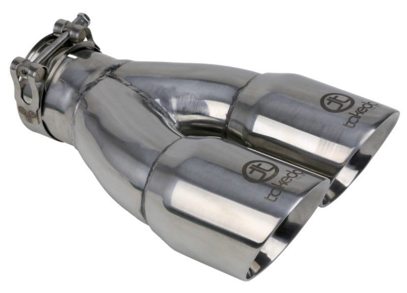 aFe Takeda 2.5in 304 Stainless Steel Clamp-on Exhaust Tip 2.5in Inlet 3in Dual Outlet - Polished - DTX Performance