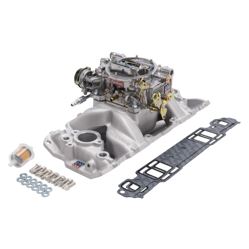 Edelbrock Manifold And Carb Kit Performer Air-Gap Small Block Chevrolet 1957-1986 Natural Finish - DTX Performance