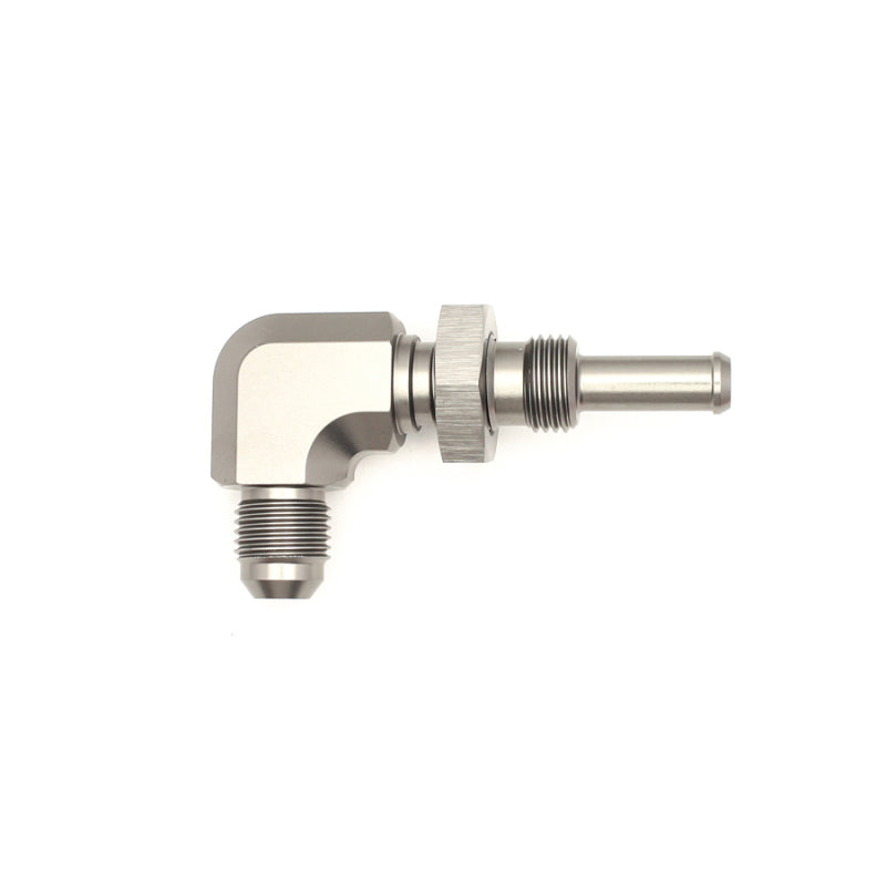 DeatschWerks 6AN Male Flare To 5/16in. Male Barb Bulkhead Adapter 90-Degree (Incl. Nut) - DTX Performance