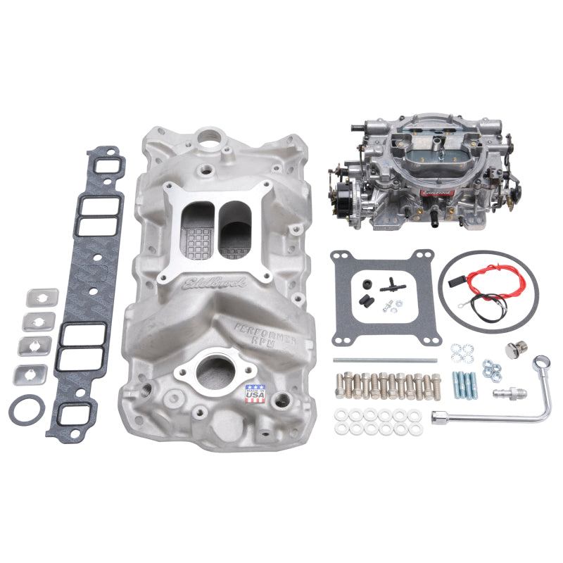 Edelbrock Manifold And Carb Kit Performer RPM Small Block Chevrolet 1957-1986 Natural Finish - DTX Performance