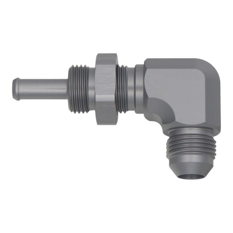 DeatschWerks 8AN Male Flare To 5/16in. Male Barb Bulkhead Adapter 90-Degree (Incl. Nut) - DTX Performance