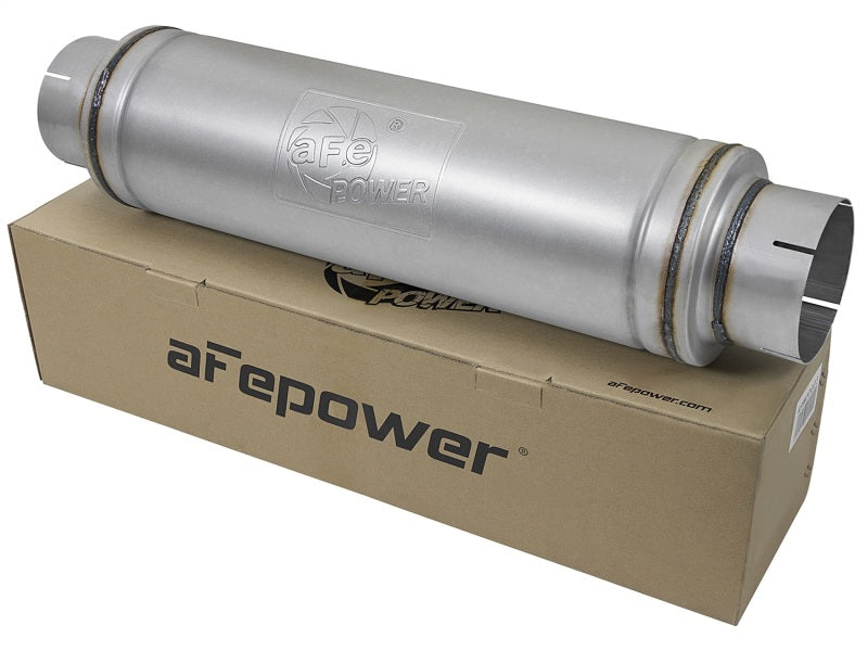 aFe ATLAS Aluminized Steel Muffler 5in Center/Center 24in L x 7in Diameter - Round Body - DTX Performance