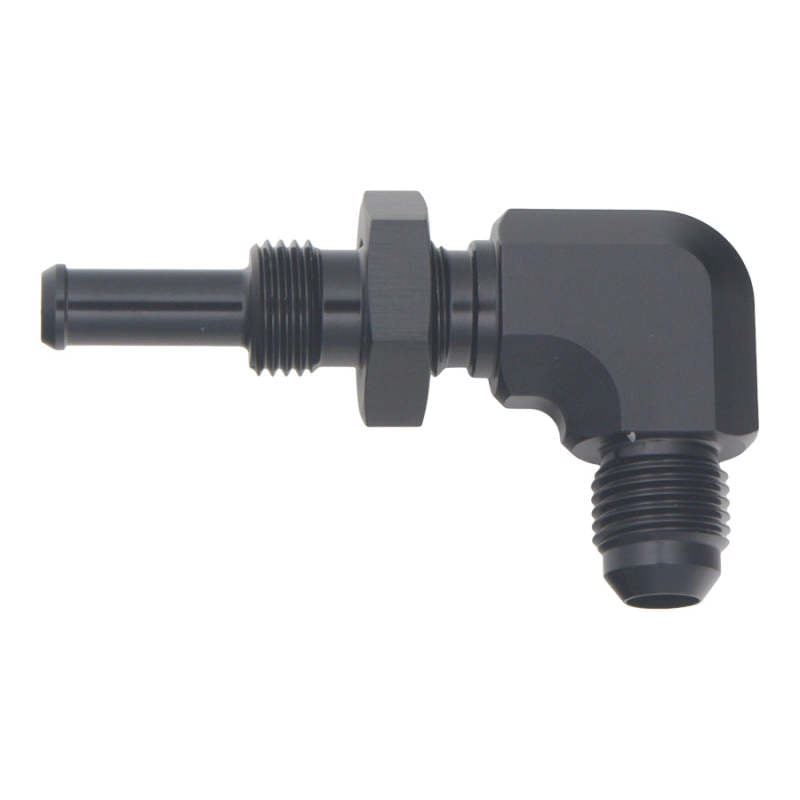 DeatschWerks 6AN Male Flare to 5/16in Male Barb Bulkhead Adapter 90-Degree - Anodized Matte Black - DTX Performance