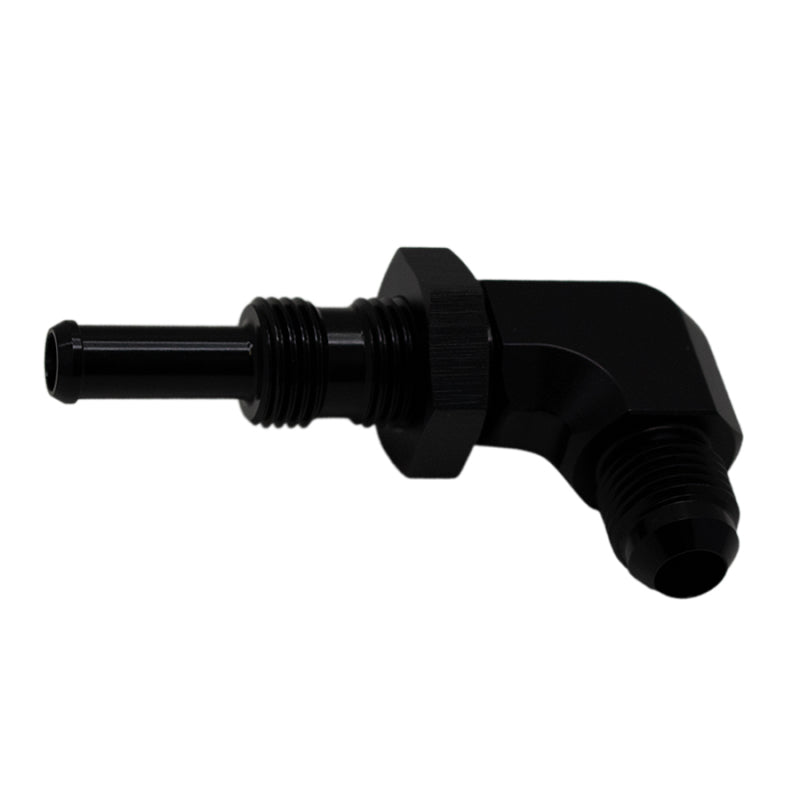 DeatschWerks 6AN Male Flare to 5/16in Male Barb Bulkhead Adapter 90-Degree - Anodized Matte Black - DTX Performance