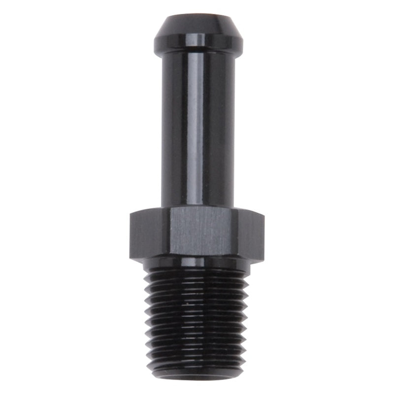 Edelbrock Hose End Straight 1/4In NPT to 3/8In Barb Black Anodize - DTX Performance