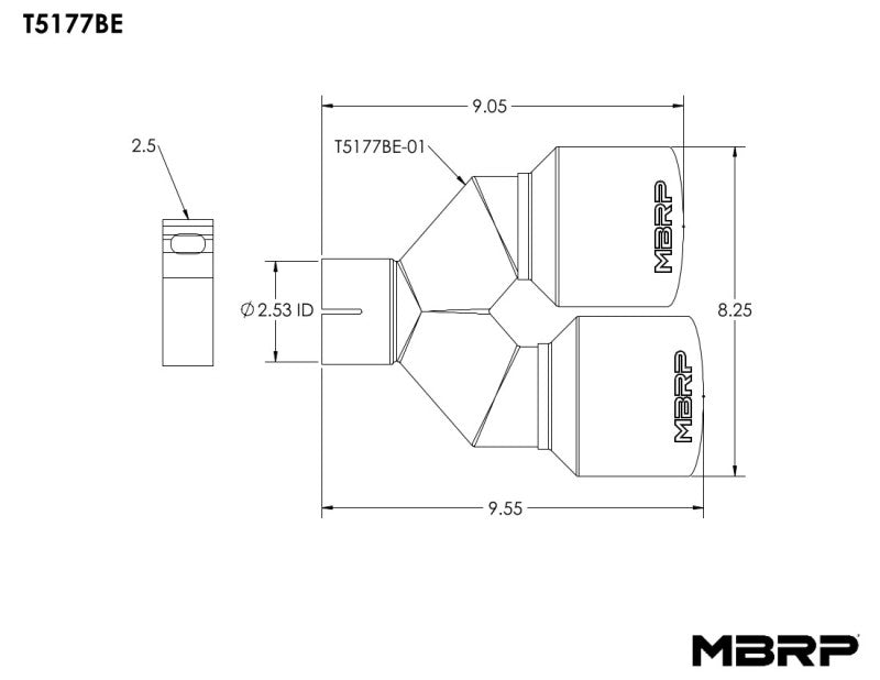 MBRP Burnt End Tip 2.5 ID Dual 4 OD Out 9.55 length Single wall 304 Stainless Steel Pass Side - DTX Performance