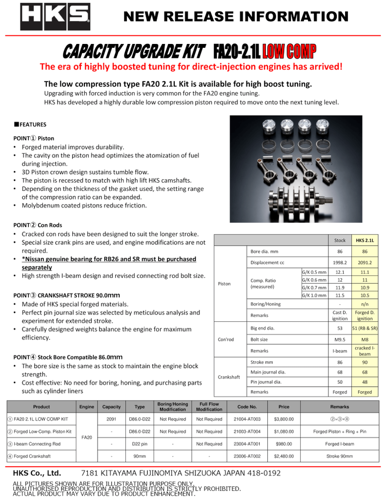 HKS PISTON KIT FA20 2.1L LOW COMP - DTX Performance