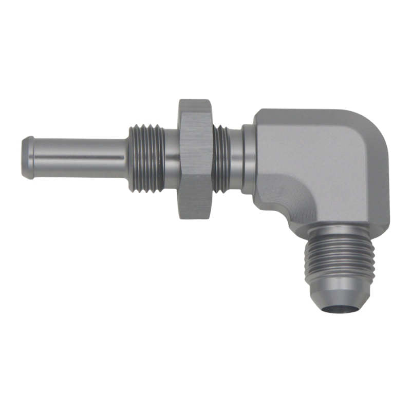 DeatschWerks 6AN Male Flare To 5/16in. Male Barb Bulkhead Adapter 90-Degree (Incl. Nut) - DTX Performance