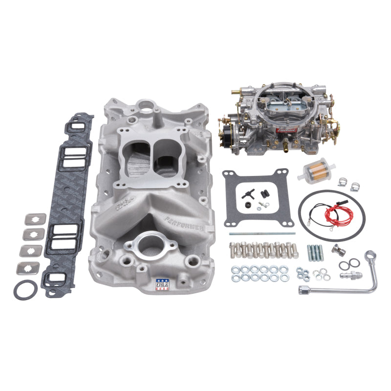 Edelbrock Manifold And Carb Kit Performer Air-Gap Small Block Chevrolet 1957-1986 Natural Finish - DTX Performance