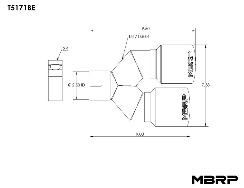 MBRP Burnt End Tip 2.5 ID, Dual 3.5 OD Out, 9.5 length, Single wall 304 Stainless Steel - DTX Performance