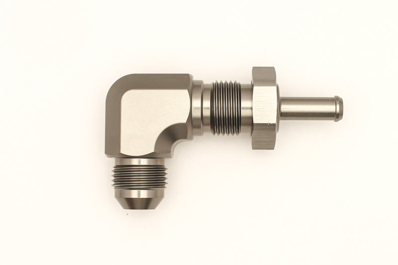 DeatschWerks 8AN Male Flare To 5/16in. Male Barb Bulkhead Adapter 90-Degree (Incl. Nut) - DTX Performance