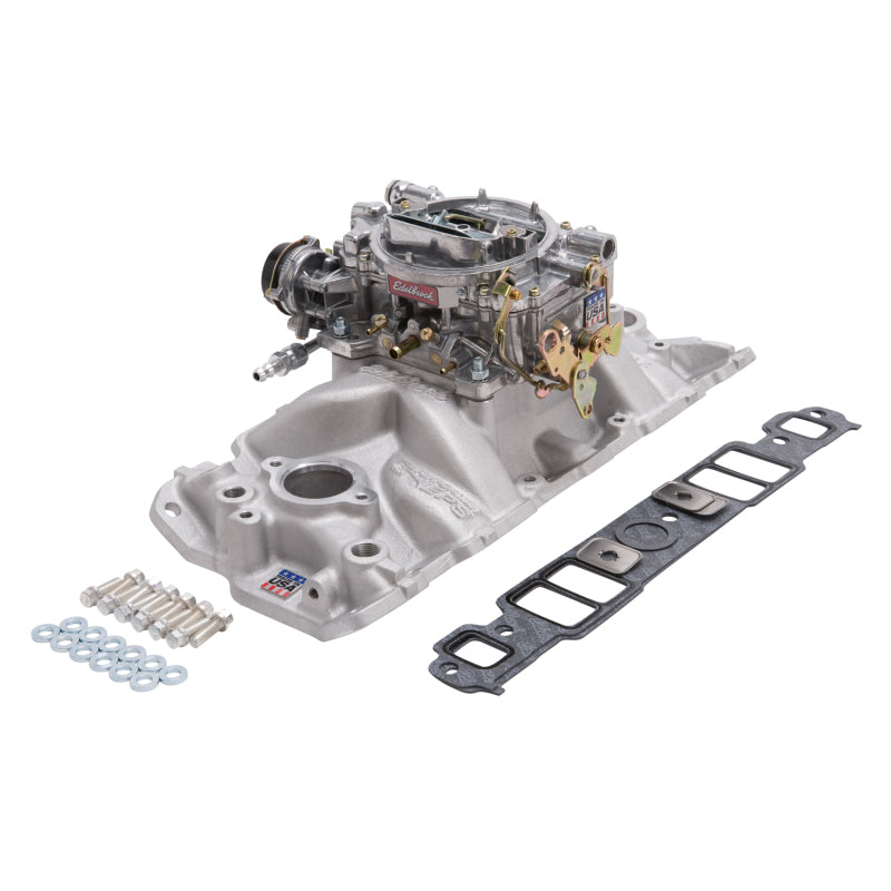 Edelbrock Manifold And Carb Kit Performer Eps Small Block Chevrolet 1957-1986 Natural Finish - DTX Performance