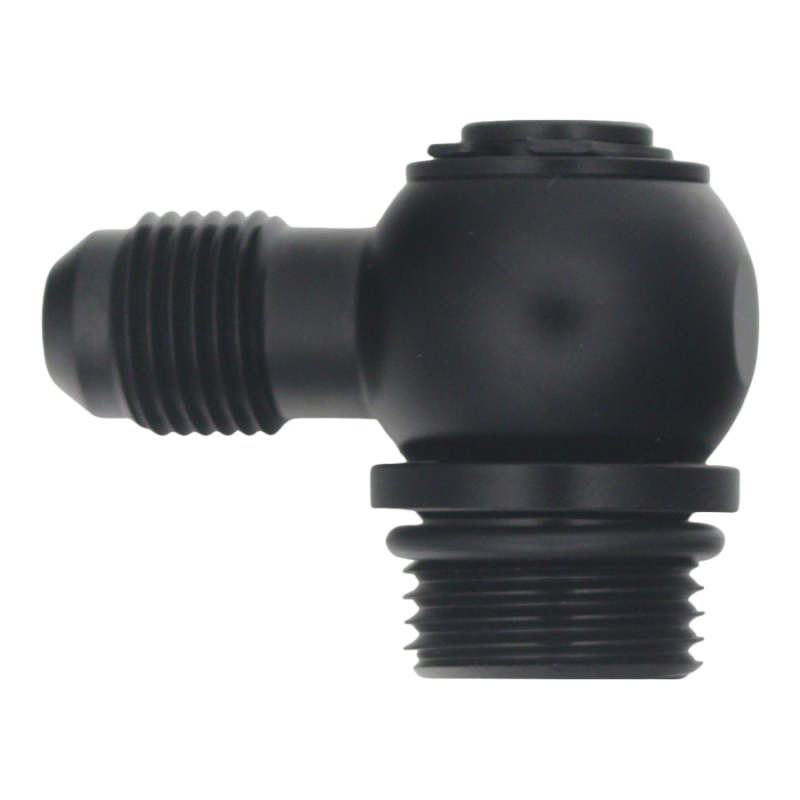 DeatschWerks 8AN ORB Male to 6AN Male Flare Low Profile 90-Degree Swivel - Anodized Matte Black - DTX Performance