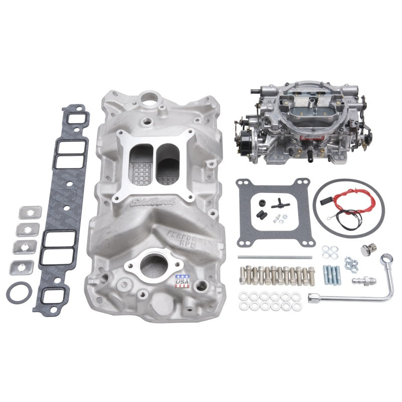 Edelbrock Manifold And Carb Kit Performer RPM Small Block Chevrolet 1957-1986 Natural Finish - DTX Performance